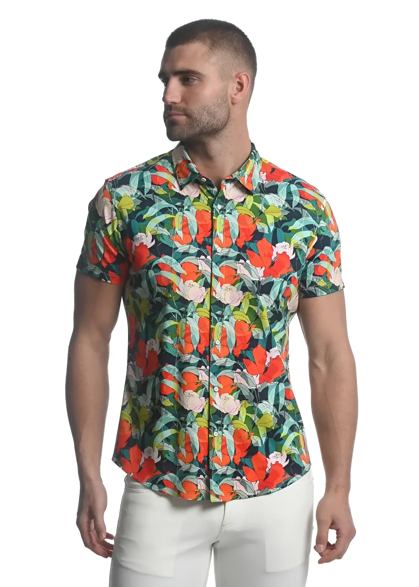 Paradise stretch knit shirt with vibrant tropical orange pink and green print on dark navy short-sleeved button-up