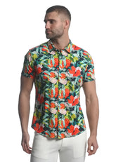 Paradise stretch knit shirt with vibrant tropical orange pink and green print on dark navy short-sleeved button-up