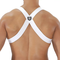 Party boy harness white cross-back athletic support strap with black shield logo at the center