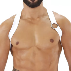 White leather party boy harness with silver metal ring detail designed for stylish festival or club wear