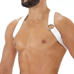Party boy harness white leather harness with silver metal ring detail for edgy fashion or clubwear