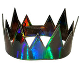 A shimmering holographic party crown with glossy iridescent finish and sharp triangular spikes