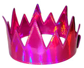 A shiny holographic pink party crown with a glossy finish and stitched edges for festive occasions