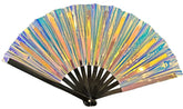 Iridescent holographic party fan with black handle and skeleton design for festive events and celebrations