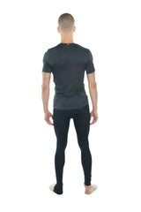Dark gray short-sleeved perfect pocket crew-neck tee with subtle textured pattern and orange neckline tag