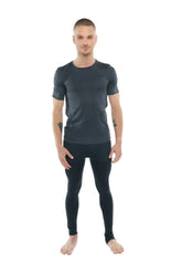 Dark gray short-sleeved athletic perfect pocket crew-neck tee with subtle textured pattern charcoal heather fabric