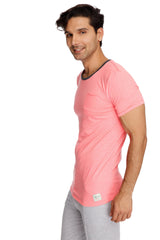 A men’s coral slub short-sleeved t-shirt with a black ribbed crew neck and a small chest pocket perfect for casual wear