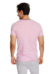 A soft pink perfect pocket crew-neck tee with short sleeves and subtle dark gray neckline trim in iris slub fabric