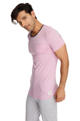 A soft pink perfect pocket crew neck tee with black ribbed neckline and chest pocket in iris slub material