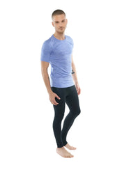 Light blue textured short sleeve athletic shirt with crew neck and pocket in lavender heather fabric
