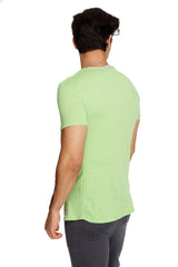 A light green men’s short-sleeved perfect pocket crew-neck tee with ribbed collar trim in lime slub fabric