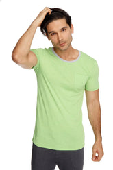 Light green lime slub short-sleeved t-shirt with gray ribbed crew neckline and single chest pocket perfect for casual wear