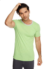 Light green lime slub short-sleeved t-shirt with gray ribbed crew neckline and single chest pocket perfect for casual wear