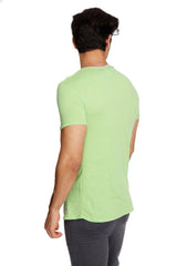 A light green men’s short-sleeved perfect pocket crew-neck tee with ribbed collar trim in lime slub fabric