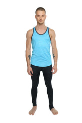 Light blue athletic tank top with black trim and subtle diagonal stitching for performance and comfort