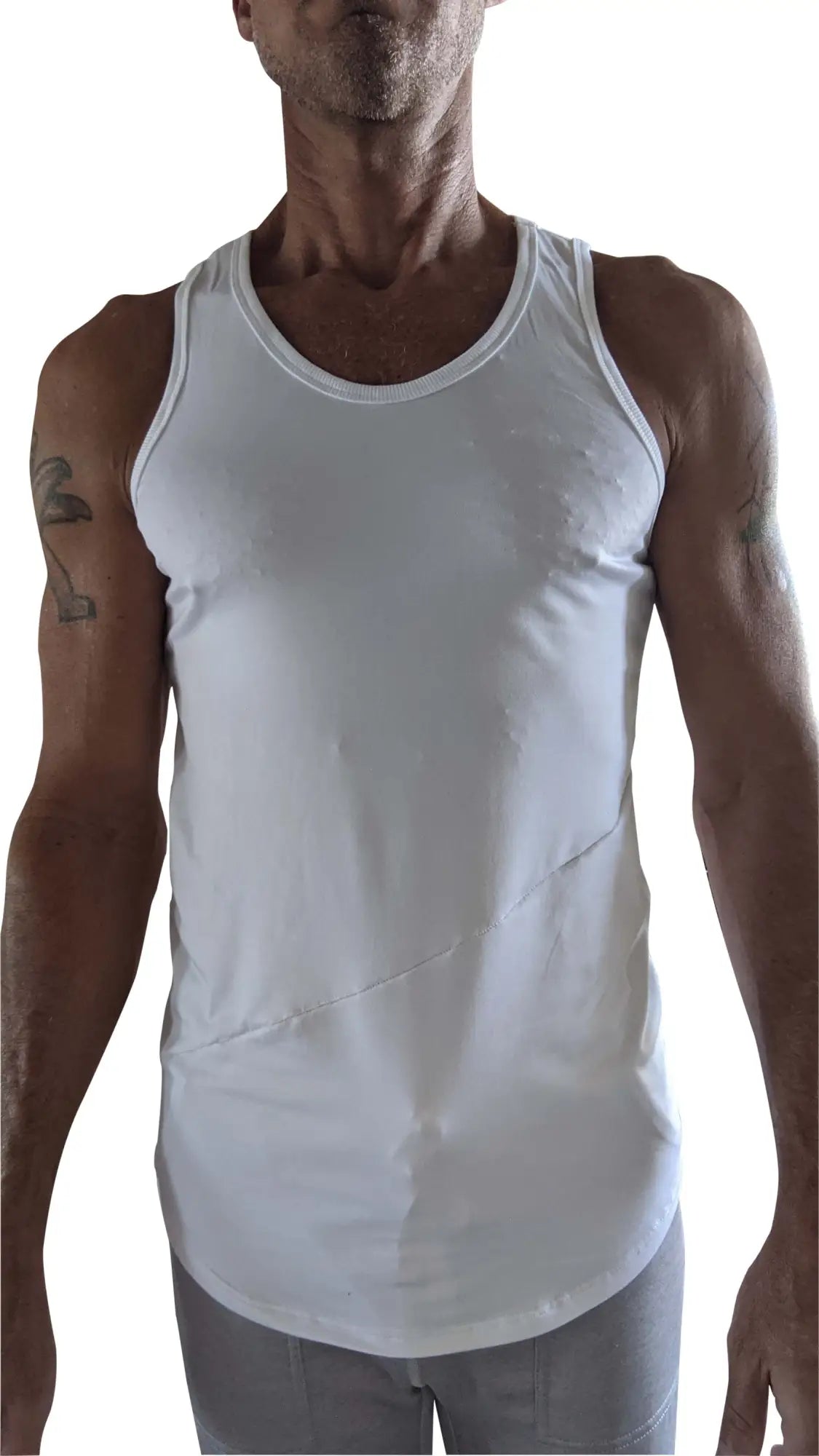 The perfect tank white sleeveless tank top with rounded neckline and subtle diagonal seam detail