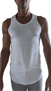 The perfect tank white sleeveless tank top with rounded neckline and subtle diagonal seam detail