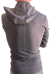 A dark gray charcoal heather performance premium form-fit crossover yoga track hoodie with textured fabric