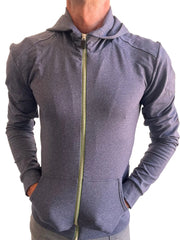 Performance premium form-fit crossover yoga track hoodie in dark heather gray with olive green zipper and pockets