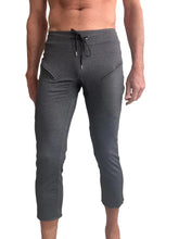 Performance premium mens capri yoga pants in charcoal heather with black drawstring waistband and side pockets