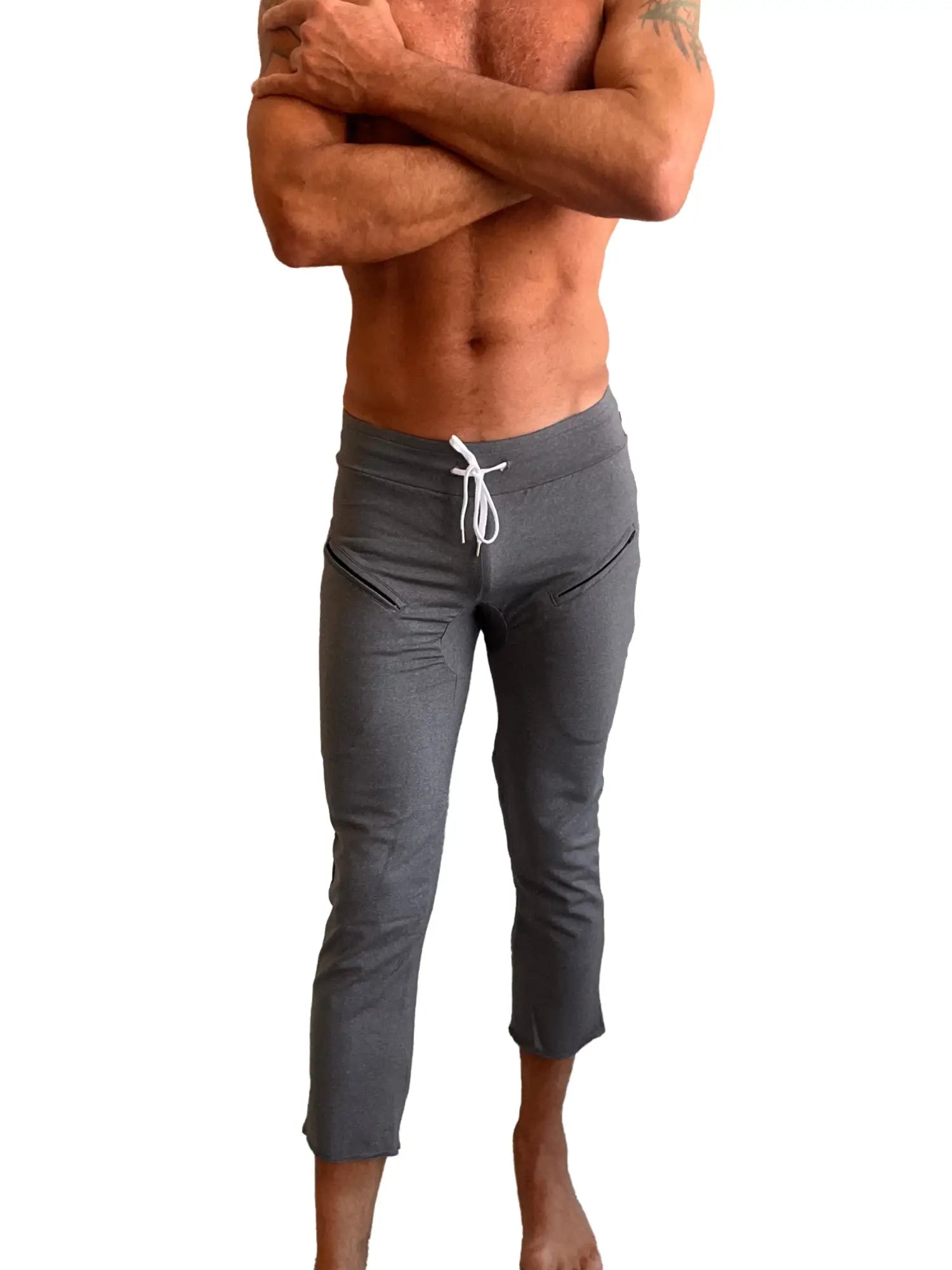 Performance premium mens dark grey heather capri yoga pants with white drawstring waistband and side pockets