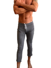 Performance premium mens dark grey heather capri yoga pants with white drawstring waistband and side pockets