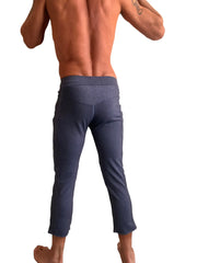Dark blue heather performance premium mens capri yoga pants with stretchy fabric high waistband and tapered legs