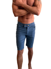 Performance premium urban tactical dress shorts in coral blue heather with tailored fit and silver button closures