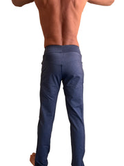 Performance-premium long cuffed jogger and yoga sweat pants in navy blue heather with slim fit and stretchy waistband