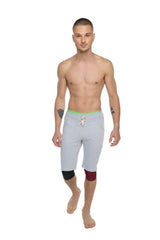 Performance yoga leggings 3/4 brick red heather with light gray shorts featuring neon green waistband and knee patches