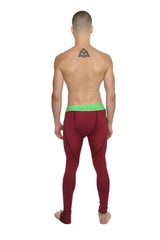 Performance yoga leggings long brick red heather with bright green waistband made from maroon compression fabric