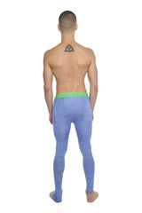 Performance yoga leggings long in blue heather textured fabric with a bright green waistband for active wear