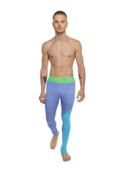 Performance yoga leggings long in blue and turquoise gradient with bright green waistband for athletic use