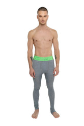 Gray merino wool performance yoga leggings long with bright green calvin klein logo waistband steel heather color
