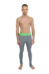 Gray merino wool performance yoga leggings long with bright green calvin klein logo waistband steel heather color