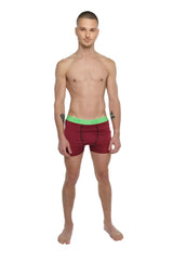 Performance yoga leggings short in brick red heather with a bright green elastic waistband shown from the front