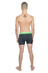 Black athletic boxer briefs with bright green elastic waistband featuring performance yoga leggings short charcoal heather style