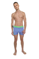 Blue heathered boxer briefs with bright green waistband and teal side panels for performance yoga leggings short lavender heather