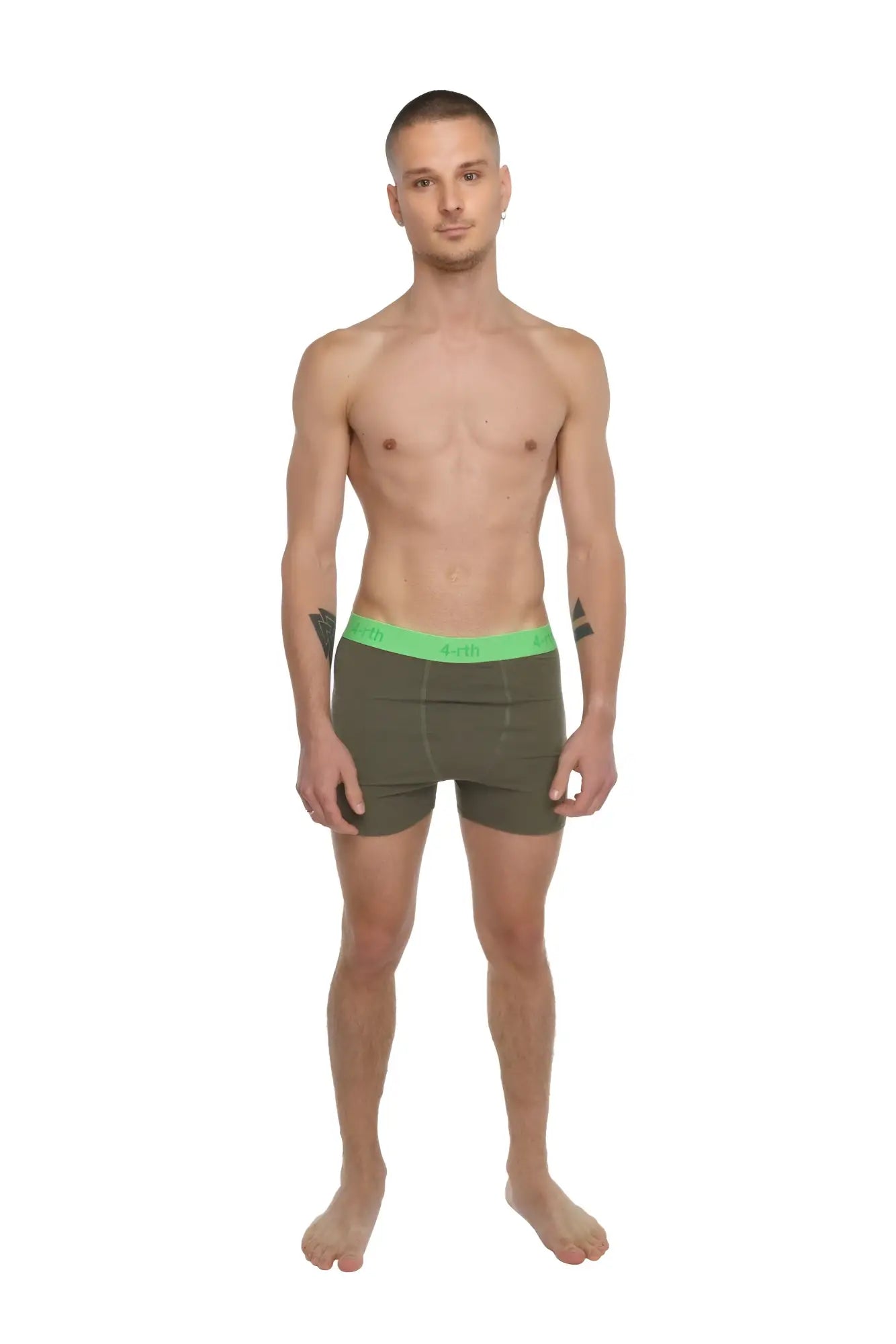 Olive green boxer briefs with bright neon green elastic waistband designed for performance and comfort