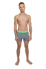 Gray boxer briefs with bright green calvin klein waistband designed for comfort in performance yoga leggings steel heather style
