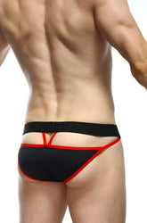 Black and red PetitQ bikini Aissey thong with cutout design showing front view for stylish swimwear look