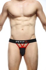 Petitq bikini aissey black black and red mesh petitq thong showing front side with mesh design