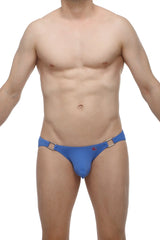 Blue men’s briefs petitq bikini arx with metallic silver buckle accents front view