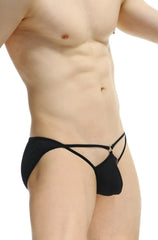 PetitQ bikini auxy black men’s thong with a black form-fitting fabric, crisscross design, and central metallic clasp