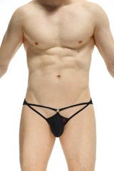 Black sleek form-fitting thong with crisscross hips design shown from the back in petitq bikini auxy black style