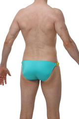 Turquoise one-piece swim trunks with a yellow metallic clasp at the side from petitq bikini chains joe green collection