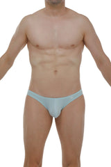 Light blue form-fitting men’s briefs with subtle logo on waistband made from soft modal fabric by PetitQ