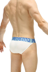 White petitq bikini coren organic bamboo briefs with light blue waistband and dark blue logo lettering