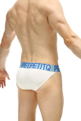 White petitq bikini coren organic bamboo briefs with light blue waistband and dark blue logo lettering