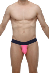 Petitq bikini coren pink bright pink form-fitting jockstrap with navy blue waistband front view